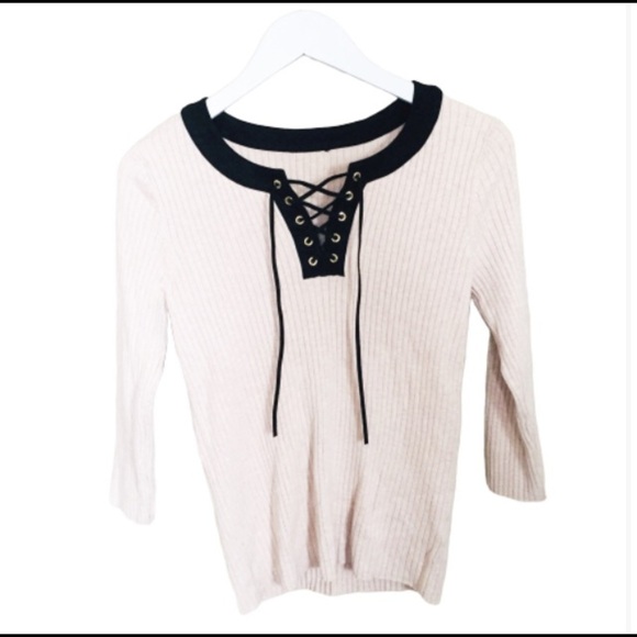 JONES NEW YORK Ribbed Lace Up Sweater With Long Sleeves Ivory Cream Size Small - Picture 5 of 7